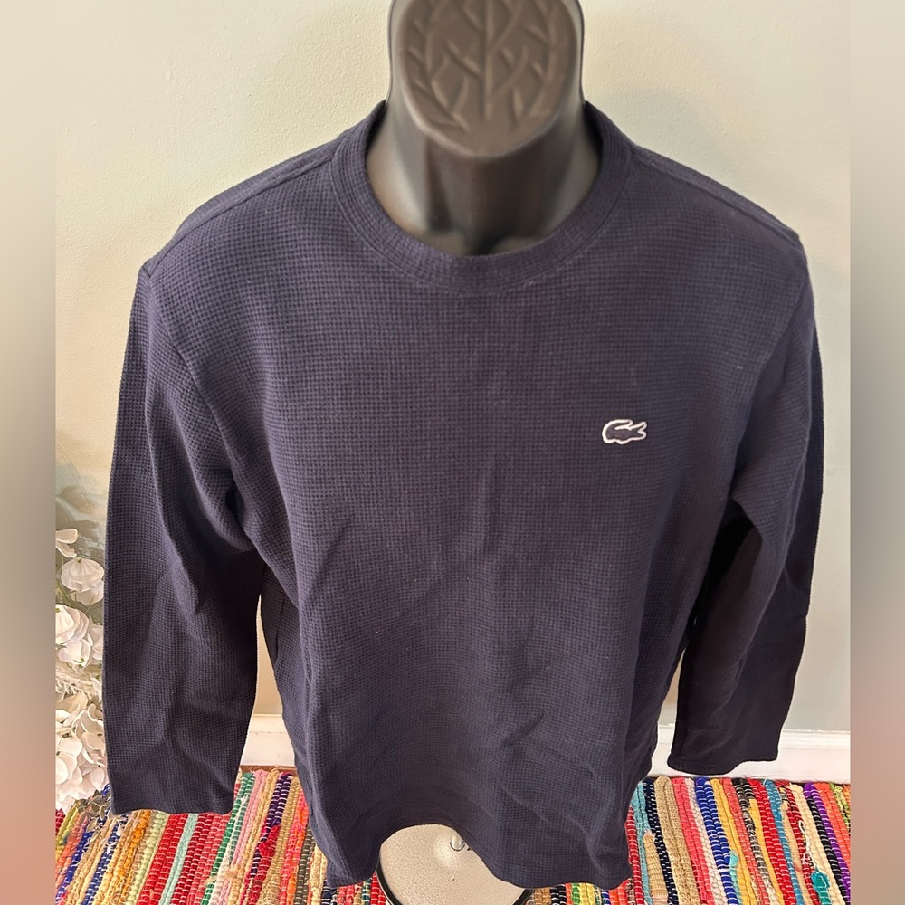 NEW Lacoste Waffle Knit Long Sleeve Tee Shirt Classic Logo Navy Blue Large